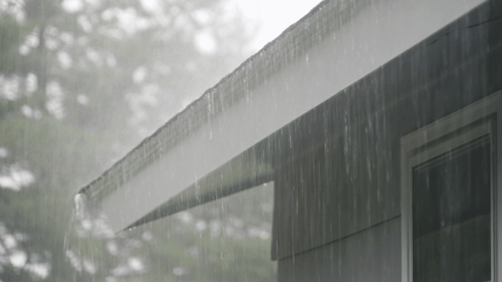 heavy rain falling on a residential roof